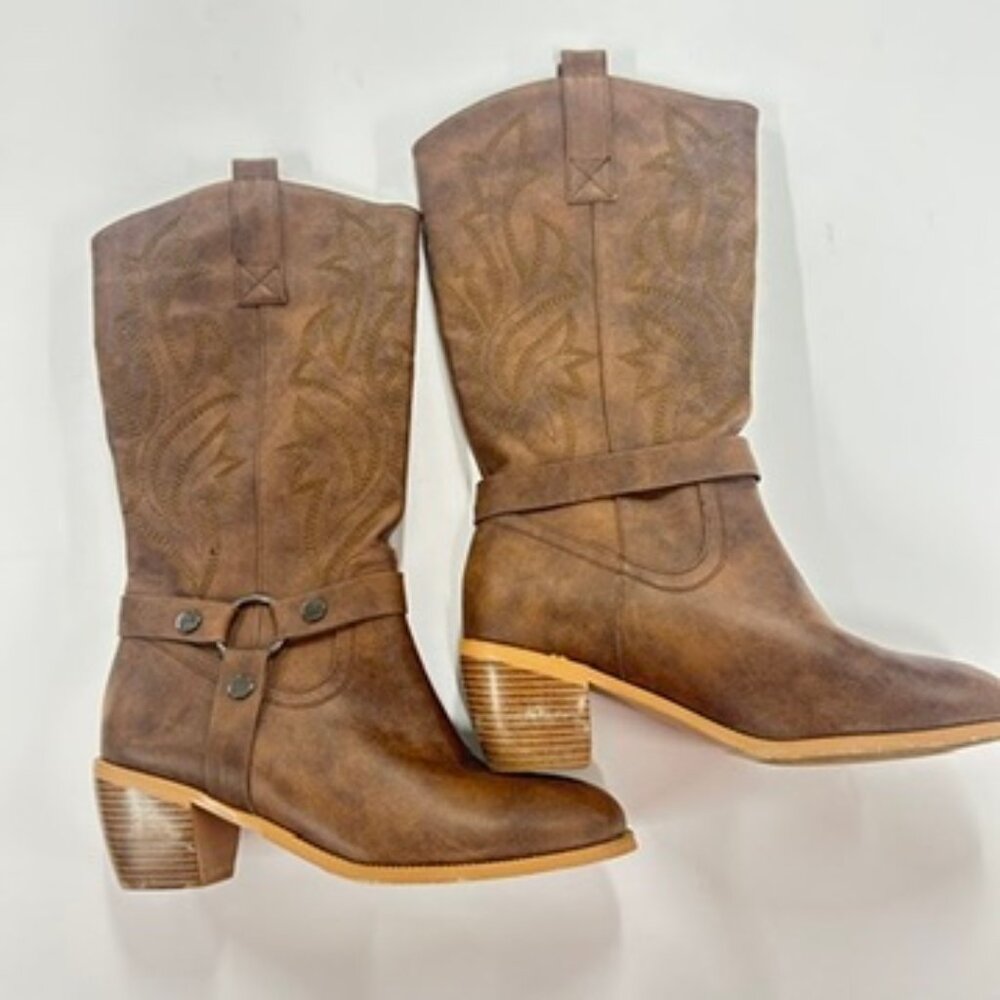 Brown Western Cowboy Boots Size‎ 39.5 /9.5 Harness Mid Calf Stacked Heel Rustic